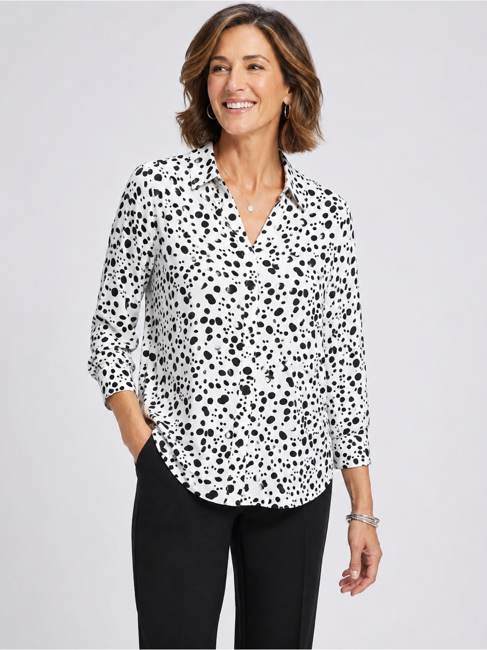 Chico’s Black & White Spotted Button Front Blouse Size 1 (8/10) Modal
